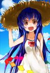  :d alternate_headwear bare_shoulders blue_hair cloud day dress fukoujiman hand_on_headwear happy hat hinanawi_tenshi long_hair open_mouth red_eyes sky smile solo straw_hat sundress touhou white_dress 