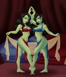  2girls anklet barefoot black_hair blue_eyes breasts choker chokers cleavage dancer earrings green_skin jewelry lipstick long_hair lots_of_jewelry makeup monster_girl multiple_girls pillow pillows red_lips siblings twins veil 