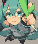  aqua_eyes aqua_hair bad_id bad_pixiv_id detached_sleeves from_above hatsune_miku long_hair looking_at_viewer looking_up pig_ggul skirt solo spring_onion thighhighs twintails vocaloid 