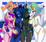  &lt;3 anthro anthrofied big_breasts bikini blue_eyes blue_hair blush breast_squish breasts changeling clothed clothing crown cutie_mark english_text equine fangs female friendship_is_magic green_eyes group hair horn horse huge_breasts looking_at_viewer mammal multi-colored_hair my_little_pony open_mouth pony princess princess_cadance_(mlp) princess_cadence_(mlp) princess_celestia_(mlp) princess_luna_(mlp) purple_eyes queen_chrysalis_(mlp) royalty skimpy sssonic2 swimsuit text tight_clothing winged_unicorn wings 