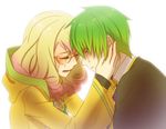  1girl arin66 blazblue blonde_hair closed_eyes commentary_request face-to-face forehead-to-forehead glasses green_hair hood kazuma_kuvaru multicolored_hair round_eyewear tears trinity_glassfield yellow_eyes 