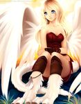  angel angel_wings bare_shoulders blonde_hair blue_eyes claws dragon_girl feathers hitana monster_girl tail white_wings wings 