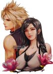  1boy 1girl bare_shoulders black_hair black_sports_bra blonde_hair blue_eyes breasts character_name closed_mouth cloud_strife collarbone commentary cropped_torso dated earrings final_fantasy final_fantasy_vii final_fantasy_vii_remake flower hair_over_shoulder jewelry large_breasts lips long_hair parted_lips pink_flower red_eyes ribbed_sweater single_earring sleeveless sleeveless_turtleneck spiked_hair sports_bra sweater tank_top tifa_lockhart turtleneck turtleneck_sweater upper_body vhyrel white_background white_tank_top 