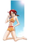  ball barefoot beachball bikini bikini_shorts blush breasts cleavage eyelashes grin hair_ornament hand_on_hip highres hino_akane_(smile_precure!) kneeling lens_flare medium_breasts navel ponytail precure red_eyes red_hair sabachiyo_land shorts smile smile_precure! solo sun swimsuit 