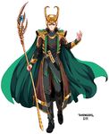  alternate_costume avengers black_hair cape helmet horns jungyun99 loki_(marvel) male_focus marvel solo staff 