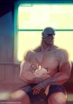  crossover eyepatch gen_1_pokemon hand_wraps jaimito male_focus meowth muscle pokemon pokemon_(creature) sagat scar sleeping street_fighter 