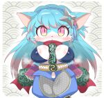  :&lt; accessory anthro areola areola_slip big_breasts black_nose blue_body blue_clothing blue_fur blue_hair blush border breasts cleavage clothed clothing domestic_cat eyelashes felid feline felis female fur glistening glistening_body hair hair_accessory long_hair looking_at_viewer mammal multicolored_body multicolored_fur obikuragetyan object_between_breasts parchment paws pink_eyes pupils ranged_weapon red_scarf scarf shuriken simple_background slit_pupils solo spots standing tan_background thick_thighs two_tone_body two_tone_fur weapon white_body white_border white_fur 
