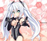 &gt;:) aqua_eyes armpits bangs bare_shoulders black_gloves black_heart blue_eyes blush breasts cleavage cleavage_cutout cowboy_shot elbow_gloves foreshortening gloves gradient gradient_background hair_between_eyes hair_ornament hand_on_own_chest highres honeycomb_(pattern) honeycomb_background kami_jigen_game_neptune_v leotard light_smile logo long_hair looking_at_viewer magical_girl medium_breasts neptune_(series) outstretched_arm shadow sidelocks sigemi smile solo symbol-shaped_pupils twintails v-shaped_eyebrows vambraces very_long_hair white_hair 