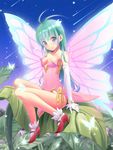  akkijin antenna_hair bad_id bad_pixiv_id blue_eyes breasts bug butterfly butterfly_wings cleavage elbow_gloves fairy gloves green_hair highres insect large_wings leaf leotard long_hair minigirl original pink_leotard pink_wings sitting small_breasts smile solo white_gloves wings 