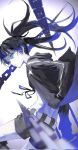  1girl belt black_coat black_hair black_rock_shooter black_rock_shooter_(character) black_shorts blue_eyes chain coat glowing glowing_eyes highres kuthi0510 long_hair open_clothes open_coat pale_skin shorts star_(symbol) twintails 