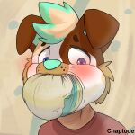  1:1 2024 absurd_res anthro balled_up_diaper big_gag blush canid canine canis chaptude clothing diaper diaper_gag diaper_in_mouth domestic_dog feces floppy_ears gag gagged hi_res male mammal messy_diaper shirt simple_background soiled_diaper soiling solo t-shirt topwear 