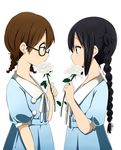  bad_id bad_pixiv_id bespectacled black_hair blue_dress braid brown_eyes brown_hair dress eye_contact flower from_side glasses hirasawa_yui k-on! k-on!_movie long_hair looking_at_another multiple_girls nakano_azusa official_style ragho_no_erika rose short_hair short_sleeves simple_background singing! twin_braids white_background white_flower white_rose 