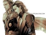  armor cape facial_hair guiltpleasure loki_(marvel) long_hair marvel monochrome multiple_boys stubble thor_(marvel) watermark web_address 