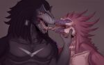  allosaurid allosaurus anthro big_dom_small_sub black_hair bodily_fluids cheek_tuft chest_tuft claws dinosaur dominant dominant_male dreadlocks dripping dromaeosaurid duo entwined_tongues essenza extinct eye_contact facial_markings facial_tuft feathered_crest feathered_dinosaur feathered_scalie feathers femboy finger_claws fluffy fur hair hand_on_cheek hand_on_shoulder head_crest head_markings hi_res kissing looking_at_another male male/male markings mozi_dakota muscular muscular_male neck_tuft nipples open_mouth prehistoric_species purple_eyes razor_hess red_eyes reptile saliva saliva_drip saliva_on_tongue saliva_string salivating scales scalie seductive size_difference smile smirk submissive submissive_male teeth theropod tuft 