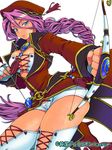  arrow blue_eyes bow_(weapon) braid breasts cleavage copyright_name cowboy_shot eroe fingerless_gloves gloves junketsu_duelion large_breasts long_hair monica_brandes official_art pink_hair ponytail short_hair simple_background solo thighhighs translated weapon white_background 