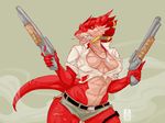  absurd_res anthro big_breasts breasts claws cleavage clothed clothing dog_tags dragon dragonborn dragonplain_background dungeons_&amp;_dragons female fydbac gun hair hi_res horn knife lizard markings military muscles plain_background ranged_weapon reptile roselyn scalie scar shotgun solo teeth weapon 