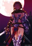  absurdres armor belt blonde_hair blood braid breasts buckle cameltoe cleavage hairband highres large_breasts legs leina loincloth long_hair moon panties queen's_blade red_eyes revealing_clothes shield short_hair_with_long_locks side_braid solo strap sword thigh_gap thighs thong tsukino_jougi twin_braids underwear weapon 