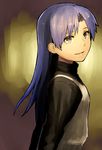  arms_behind_back blue_hair brown_eyes face from_side idolmaster idolmaster_(classic) kisaragi_chihaya light_smile long_hair open_mouth smile solo turtleneck upper_body yu_65026 