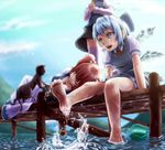  bare_legs barefoot belt blue_dress blue_hair blue_sky bow breasts cat cirno cleavage closed_eyes cloud coin day diving dress hair_bobbles hair_bow hair_ornament hat head_out_of_frame kaenbyou_rin kaenbyou_rin_(cat) kamaboko_bijin kawashiro_nitori large_breasts lying mountain multiple_girls multiple_tails nekomata obi on_side onozuka_komachi open_mouth pier pink_legwear red_hair rod_of_remorse sash shiki_eiki shirt short_hair sitting skirt sky sleeping smile soaking_feet splashing tail thighhighs touhou two_side_up upskirt vest wings 