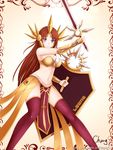  armor bikini_armor blue_eyes breasts brown_hair character_name cheng cleavage ear_protection forehead_protector league_of_legends leona_(league_of_legends) long_hair medium_breasts navel shield signature solo sword thighhighs weapon 