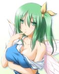  bare_shoulders blush breasts cleavage daiyousei finger_to_mouth green_eyes green_hair large_breasts long_hair nori_tamago off_shoulder older side_ponytail solo touhou upper_body wings 