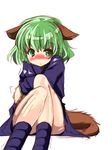  animal_ears blush green_eyes green_hair kasodani_kyouko purple_skirt short_hair sitting skirt solo tail takara_akihito touhou 