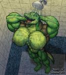  abs biceps big_breasts breasts crocodile female happy huge_breasts invalid_tag muscles muscular_female nipples nude open_mouth reptile scalie shower teeth thematelija thematelija_(artist) water wet 
