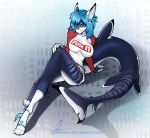  anthro aomori clothed clothing ear_piercing female fish hair looking_at_viewer marine piercing shark simple_background sitting smile solo 