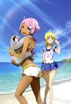  :d absurdres adjusting_hair ahoge alternate_costume animal ass ass_visible_through_thighs back bangs beach beads belt bikini_top blonde_hair blouse blue_eyes blue_skirt blunt_bangs bow bracelet braid breasts carrying claws cloud day elena_peoples eureka_seven_(series) eureka_seven_ao fleur_blanc floral_print flower french_braid frilled_skirt frills from_side hair_bow hair_ornament hairclip hand_on_own_thigh hand_up happy highres jewelry kneepits layered_skirt legs light_rays light_smile looking_at_viewer looking_back miniskirt multiple_girls noah_(eureka_seven_ao) nyantype ocean official_art open_mouth outdoors pink_hair purple_eyes raglan_sleeves rainbow sandals scan shirt short_hair short_shorts shorts skirt sky sloth_(animal) small_breasts smile sparkle standing sunbeam sunlight swept_bangs thigh_gap water 
