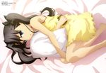  absurdres barefoot black_hair blue_eyes child crying fate/stay_night fate/zero fate_(series) frills highres kikuchi_shun'ya long_hair long_legs lying megami non-web_source official_art on_side pillow pocket_watch scan solo tears toosaka_rin twintails watch younger 