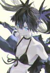  1girl bikini black_bikini black_coat black_gloves black_hair black_rock_shooter black_rock_shooter_(character) blue_eyes coat elbow_gloves gloves glowing glowing_eyes highres kuthi0510 long_hair looking_at_viewer open_clothes open_coat pale_skin scar swimsuit sword twintails weapon 