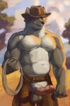 absurd_res anthro canid canine canis cowboy genitals hi_res humanoid_genitalia humanoid_penis male mammal morshok muscular muscular_male penis rodeo solo wolf 