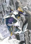  bird blonde_hair boots cityscape closed_eyes epaulettes flying jetpack male_focus oono_tsutomu power_suit sky_high solo superhero tiger_&amp;_bunny 