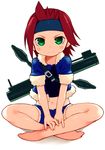  bachera barefoot buckle copyright_request feet green_eyes headband indian_style jacket light_smile midriff navel red_hair rocket_launcher short_hair shorts simple_background sitting solo weapon white_background 