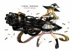  ammunition_belt blonde_hair boots bow braid english full_body gatling_gun gia gun hat hat_bow highres huge_weapon kirisame_marisa long_hair obvious open_mouth orange_eyes pouch ribbon shell_casing simple_background single_braid solo touhou weapon white_background white_bow witch_hat 