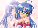  alest_lusia blue_hair closed_eyes ghost green_eyes hug izumi_kanata izumi_konata lucky_star mole mole_under_eye mother_and_daughter multiple_girls ryouou_school_uniform school_uniform serafuku 