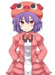  blush dress hands_on_hips hat lockheart original purple_hair red_eyes simple_background smile solo white_background 