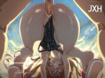  1boy 1girl all_fours ass bent_over black_one-piece_swimsuit blue_sky blush breasts brown_hair censored cum cum_in_pussy goddess_of_victory:_nikke hetero highres jxh_33 large_breasts long_hair nipples one-piece_swimsuit open_mouth orange_eyes penis pussy rapi_(classic_vacation)_(nikke) rapi_(nikke) sex sex_from_behind sky swim_goggles swimsuit thighs vaginal 