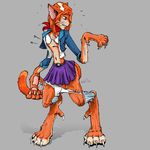  cat claws clothing digitigrade ears feline female hair hindpaw legwear mammal nolaf panties paws plain_background shirt skirt standing stockings toe_claws toes transformation underwear unknown_artist whiskers 