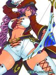  arrow blue_eyes bow_(weapon) braid breasts cleavage copyright_name cowboy_shot eroe fingerless_gloves gloves junketsu_duelion large_breasts long_hair monica_brandes navel official_art pink_hair ponytail short_hair simple_background solo thighhighs translated underboob weapon white_background 