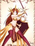  absurdres armor bikini_armor blue_eyes breasts brown_hair character_name cheng cleavage ear_protection forehead_protector highres league_of_legends leona_(league_of_legends) long_hair medium_breasts navel shield signature solo sword thighhighs weapon 