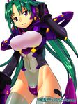  copyright_name covered_navel cowboy_shot eroe green_hair groin highleg highleg_leotard junketsu_duelion lee_mei_ling leotard long_hair mecha_musume navel official_art purple_hair shirt simple_background skin_tight solo taut_clothes taut_shirt thighhighs translated very_long_hair white_background 
