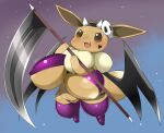  anthro areola areola_slip big_breasts blush bodily_fluids breasts brown_body brown_eyes brown_fur clothing cum eevee fake_horns fangs female flying fur generation_1_pokemon genital_fluids gradient_background holding_scythe horn huge_breasts legwear light_blush mask motion_lines nintendo nipple_outline obikuragetyan open_mouth pokemon pokemon_(species) purple_clothing purple_legwear simple_background skull_mask solo tail teeth under_boob white_horn wings 