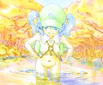  autumn backpack bad_id bad_pixiv_id bag blush breasts feconf forest groin hair_bobbles hair_ornament hat kawashiro_nitori leaning_forward nature navel nipples nude outdoors small_breasts solo touhou traditional_media tree two_side_up wading water 