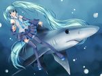  aqua_eyes aqua_hair detached_sleeves hatsune_miku long_hair nanoka_rio necktie shark skirt thighhighs twintails very_long_hair vocaloid 