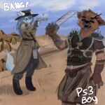 .357_magnum 1:1 anthro blood bodily_fluids caesars_legion canid canine canis clothing cowboy_hat desert domestic_dog fallout female gore gun hat headgear headwear hi_res machete male mammal melee_weapon microsoft onomatopoeia pip-boy ps3_boy ranged_weapon scalie shot_in_head sintra_(ps3boy) sound_effects tagme text weapon 
