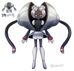  androgynous artist_name black_skin blunt_bangs colored_skin commentary creature_and_personification double_bun duplicate facial_mark forehead_mark full_body gender_request glowing glowing_eyes grey_footwear hair_bun looking_at_viewer parted_bangs personification photoshop_(medium) pokedex_number pokemon pokemon_(creature) red_eyes registeel simple_background smile solo standing tamtamdi translated white_background white_hair 