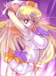  aino_minako armpits arms_up ass back_bow bad_id bad_pixiv_id bangs bishoujo_senshi_sailor_moon blonde_hair blue_eyes bow breasts circlet dodai_shouji elbow_gloves gloves half_updo large_breasts long_hair looking_back magical_girl miniskirt orange_sailor_collar orange_skirt panties sailor_collar sailor_senshi_uniform sailor_venus skirt solo standing underwear white_gloves 