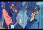  2boys blonde_hair blue_shirt cheek_rest closed_eyes evening facing_another ghost hands_up hanoyuta holding holding_brush indoors jibaku_shounen_hanako-kun letterboxed looking_at_another male_focus minamoto_kou mirror mitsuba_sousuke multiple_boys official_art own_hands_together parted_lips pink_hair pink_sweater portrait scarf scrub_brush scrubber shade shirt short_ponytail sketch soap_bubbles sunlight sweatdrop sweater t-shirt through_medium through_mirror 