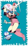  beanie blue_hair boots gen_4_pokemon hair_ornament hat hikari_(pokemon) holding holding_poke_ball long_hair nakayama_atsushi pink_footwear piplup poke_ball pokemon pokemon_(creature) pokemon_(game) pokemon_dppt red_scarf scarf skirt 